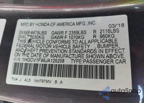 2018 Honda Accord Touring from USA, damaged, VIN 1HGCV1F96JA126208